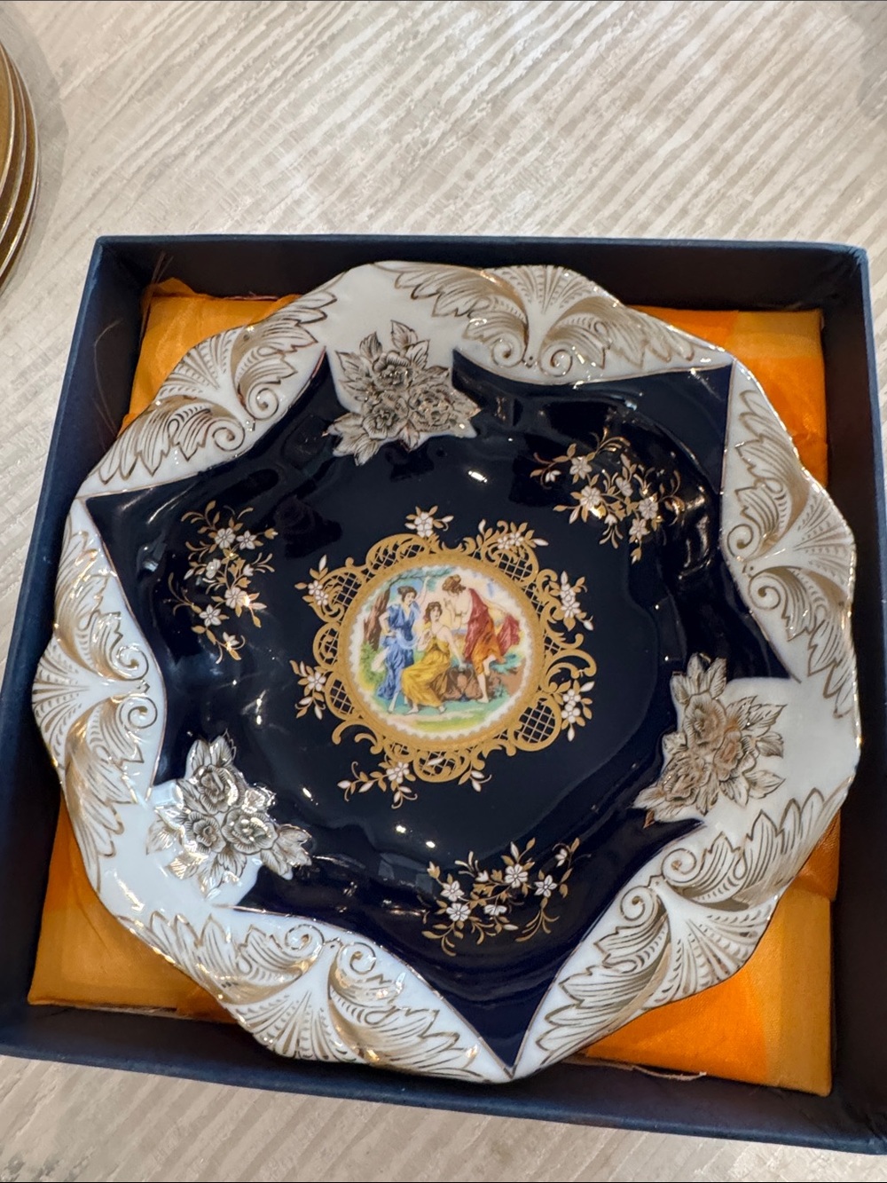 Decorative Navy and White Porcelain Serving Plate with Gold Accents